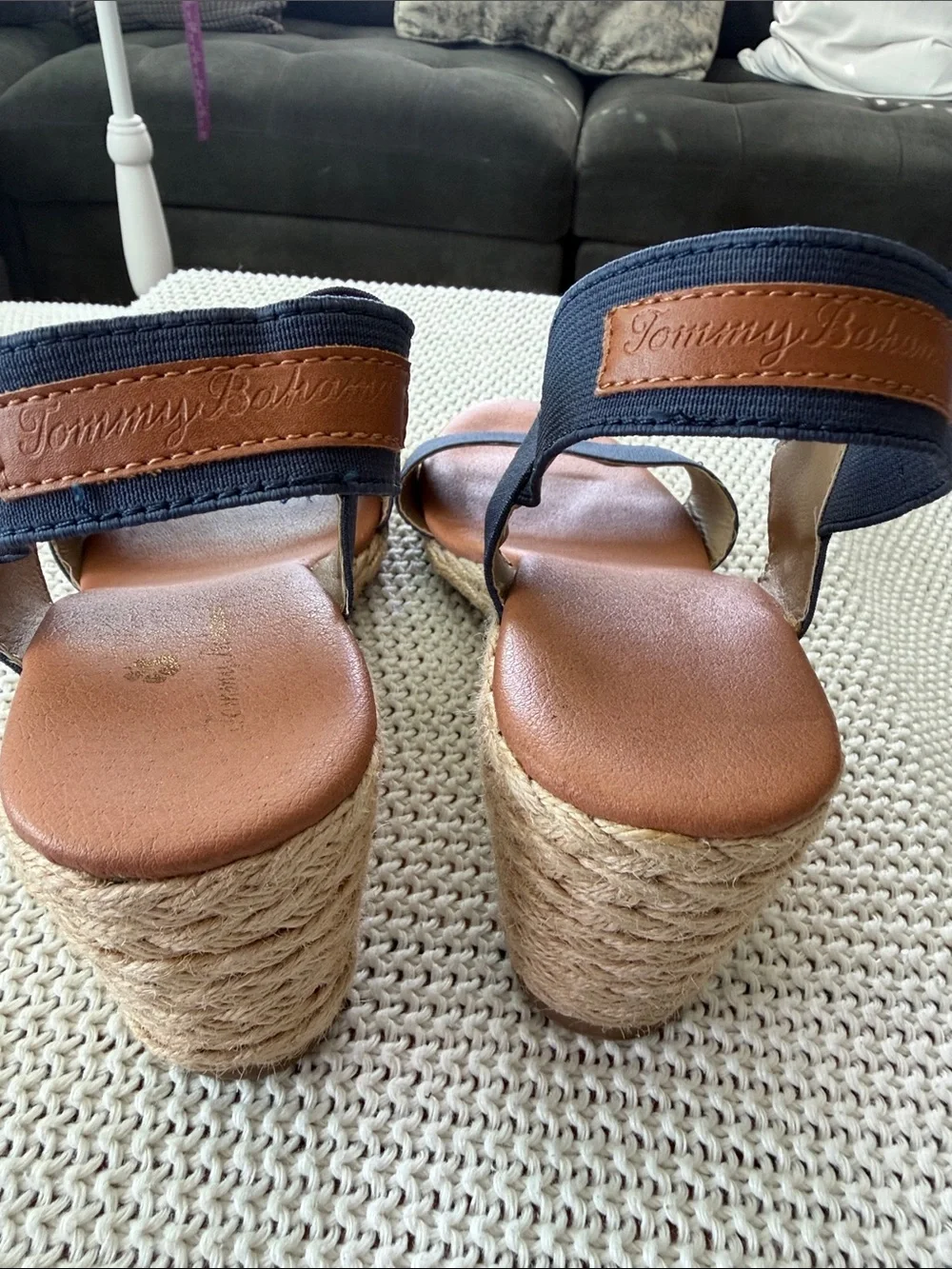 Tommy Bahama Navy Blue Espadrille Wedge Sandals Women Size 9 Stretch Strap
